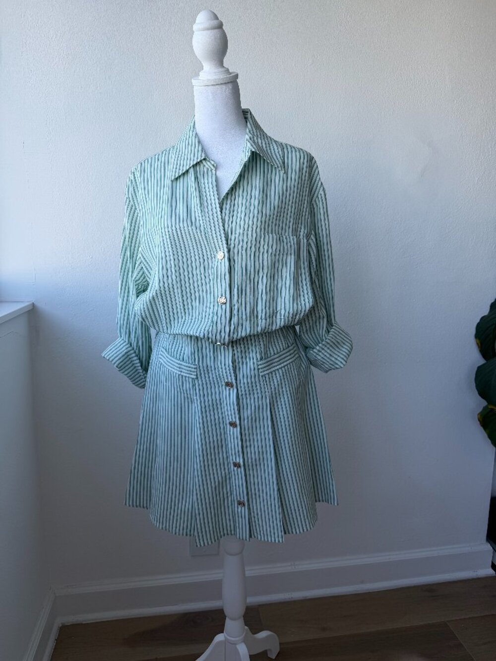 Maje size 38 green and white stripe preppy dress